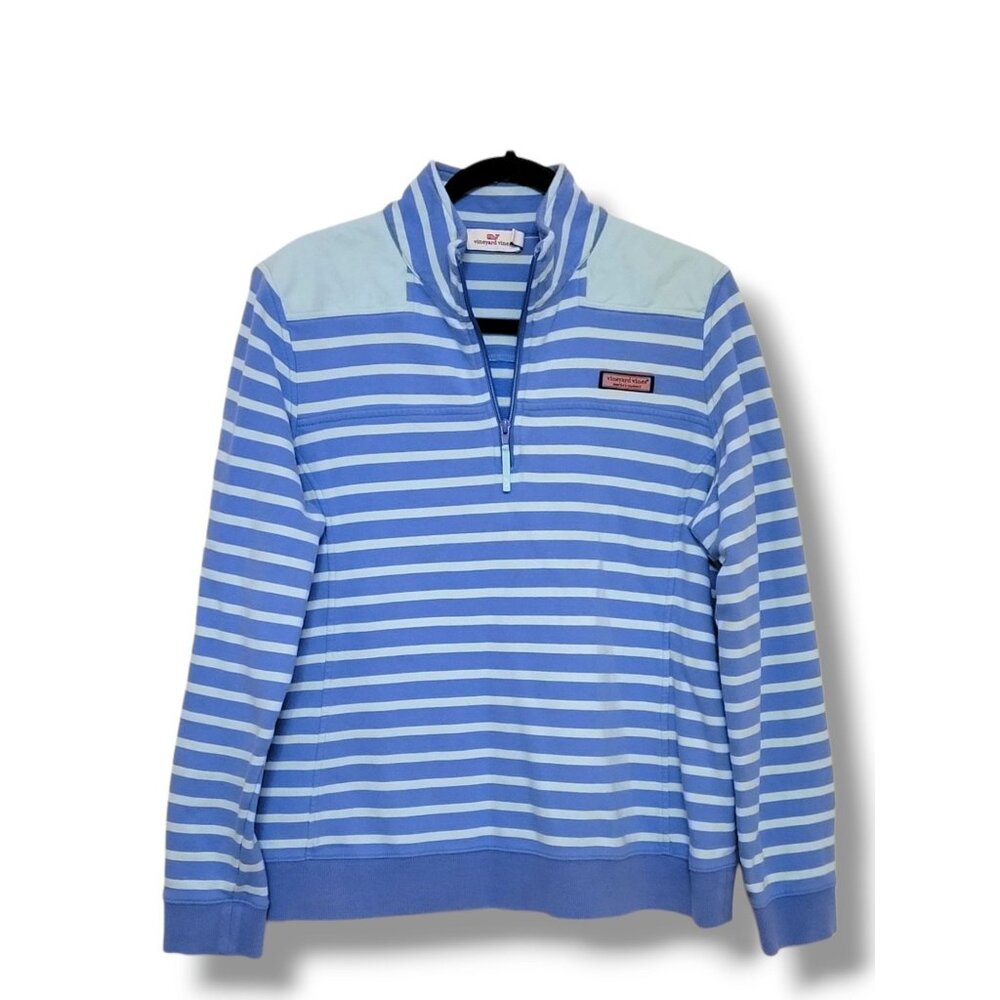 Vineyard Vines Women's Blue 1/4 Zip Stripe Pullover Sweatshirt - Size Large